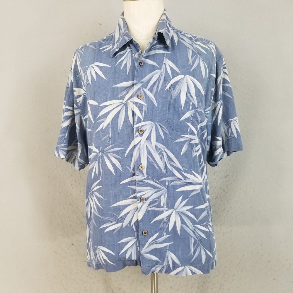 Jamaica Jaxx Button Down Mens XL Blue Bamboo Leaf 100% Silk Tropical Aloha Shirt